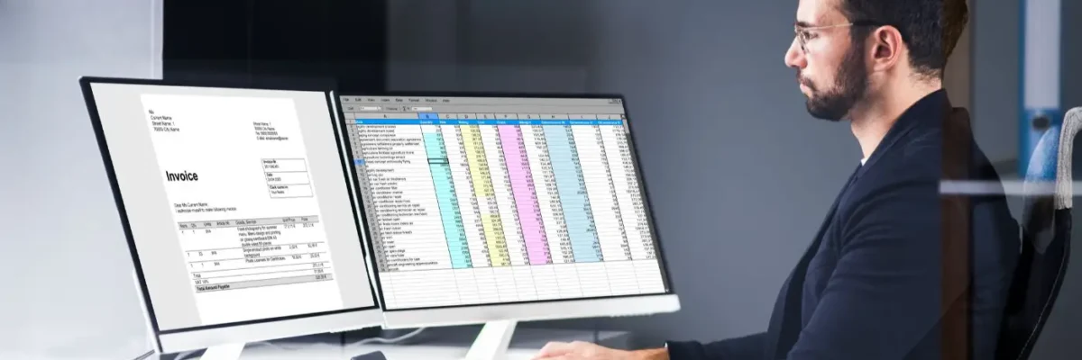 Un professionnel analysant des données et des factures électroniques sur deux écrans dans un environnement de bureau moderne, illustrant la gestion numérique des factures et la transition vers l’e-facturation.