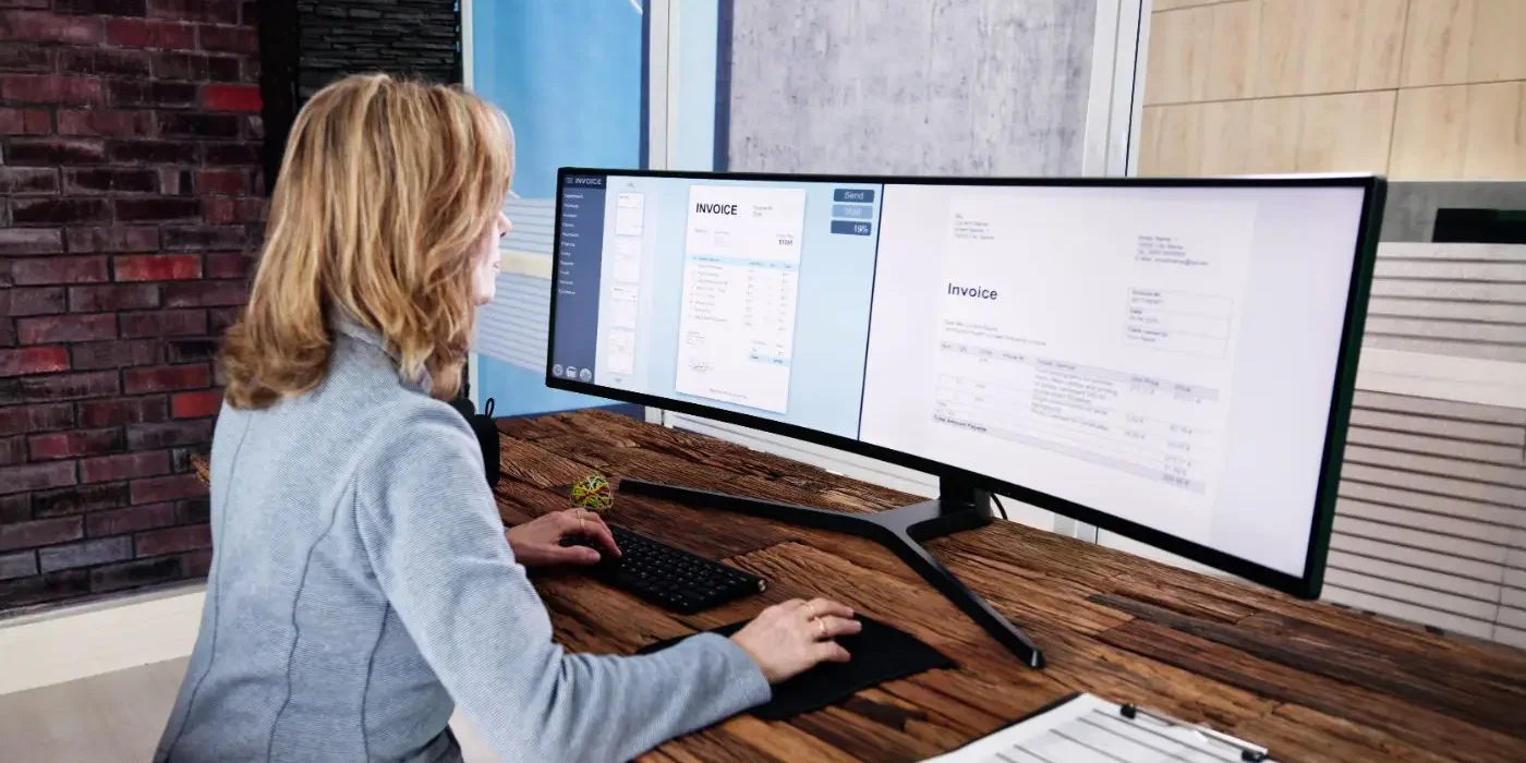 bufiscom-facture_electronique-digitalisation "Une professionnelle travaillant sur un écran incurvé affichant des factures électroniques, symbolisant la digitalisation et l’automatisation des processus de facturation dans un bureau moderne.