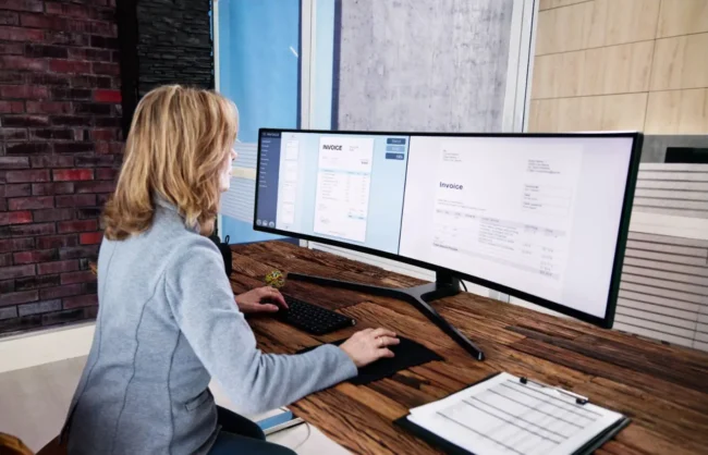 bufiscom-facture_electronique-digitalisation "Une professionnelle travaillant sur un écran incurvé affichant des factures électroniques, symbolisant la digitalisation et l’automatisation des processus de facturation dans un bureau moderne.