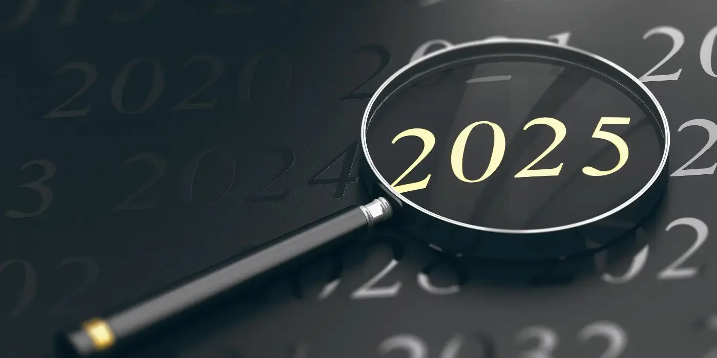 bufiscom-article-au_revoir_2024 Illustration de l'année 2025 mise en évidence avec une loupe, symbolisant les objectifs, les changements et les transitions pour la nouvelle année.