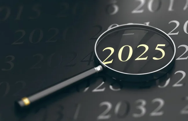 bufiscom-article-au_revoir_2024 Illustration de l'année 2025 mise en évidence avec une loupe, symbolisant les objectifs, les changements et les transitions pour la nouvelle année.